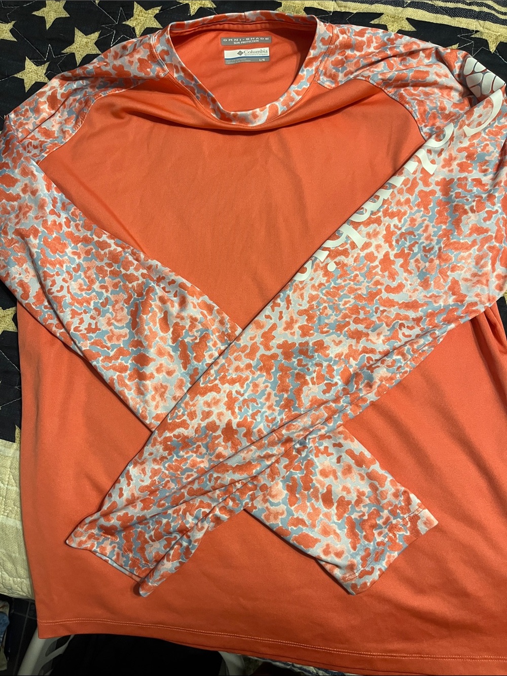 Columbia Orange Long Sleeve Sun Tee with Patterned Sleeves